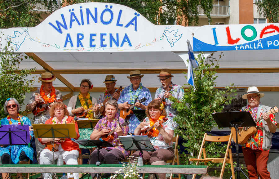 Varkauden Ukuleleorkesteri soitti kivan setin ennen paneelikeskustelun alkua. Kun ukemusiikki soi - silloin aurinko paistaa.